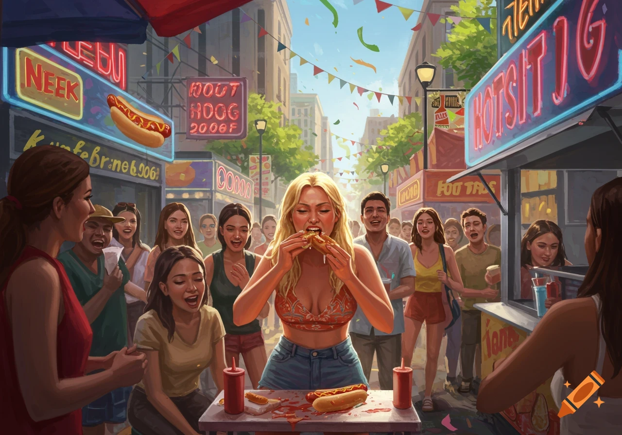 A blonde woman in a crop top intensely eats a hotdog during a street food competition, surrounded by cheering people.