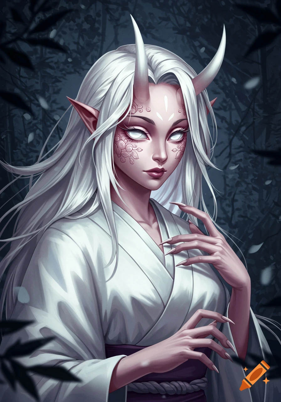 Close-up portrait of a fantasy woman with long white hair, white horns, white eyes, pointy ears, and flower markings on her face, wearing a white kimono.