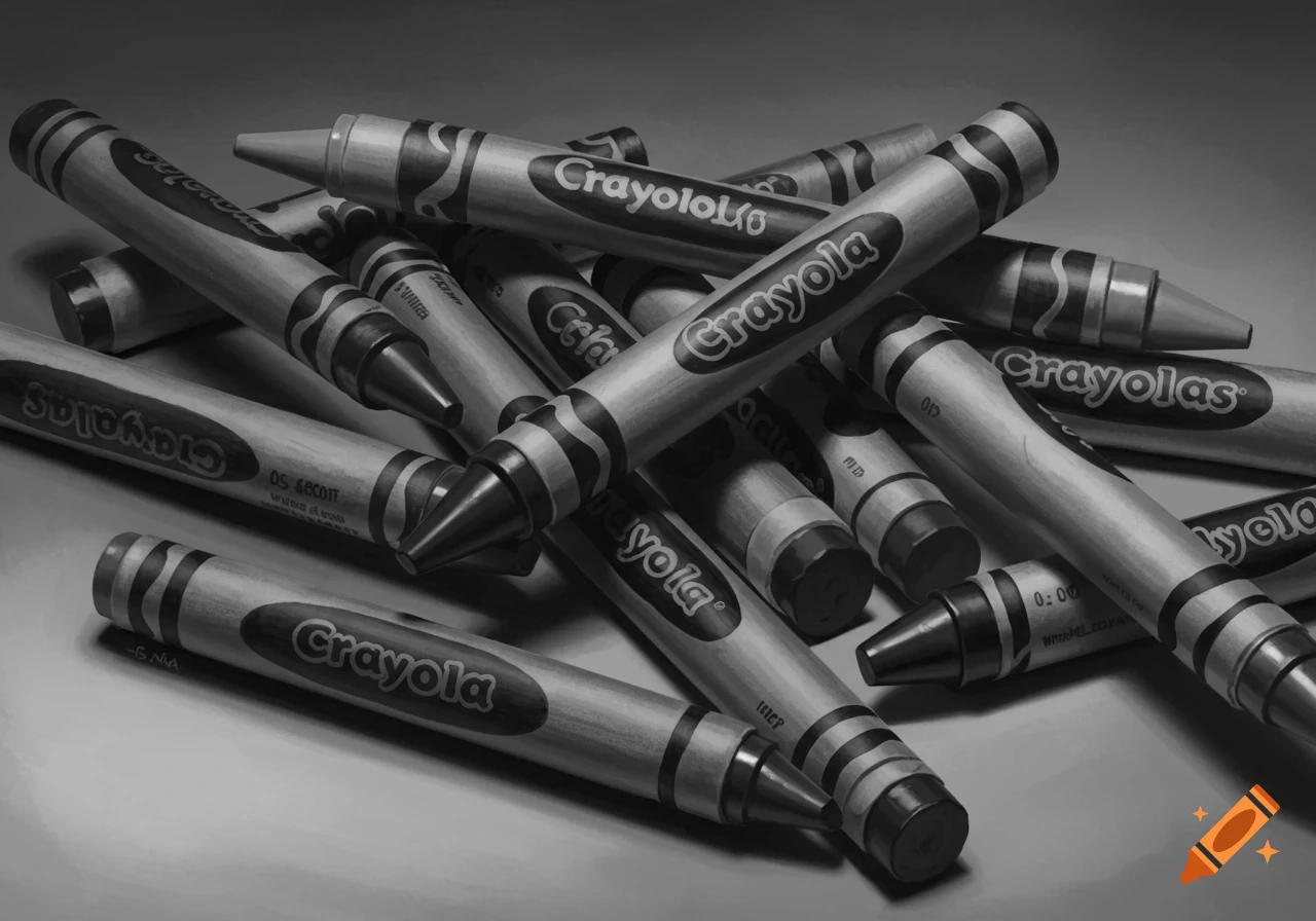 A pile of black and white Crayola crayons rendered in a photorealistic style, showing detailed textures and shadows.