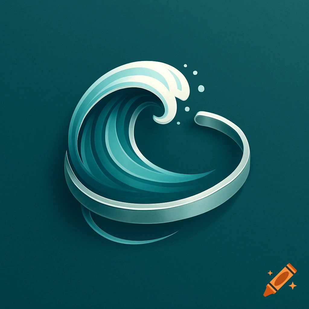 A stylized logo featuring a teal and white wave curling within a silver-grey curved bracelet on a dark teal background.