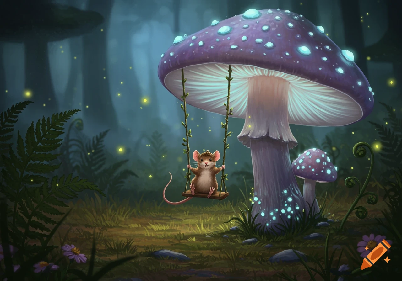 A cute mouse swings on a vine swing under a giant glowing purple mushroom in a fantasy forest.