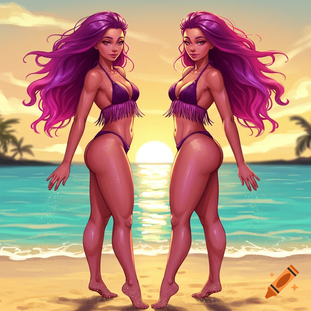 Two stylized women with long purple hair in purple bikinis stand on a sandy beach by the ocean at sunset.
