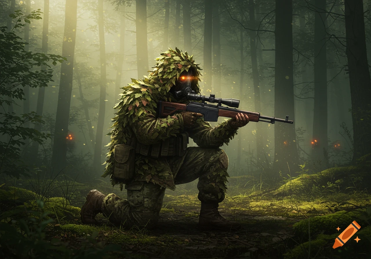 A camouflaged soldier in a ghillie suit and gas mask kneels and aims a sniper rifle in a foggy, golden-lit forest at dawn.