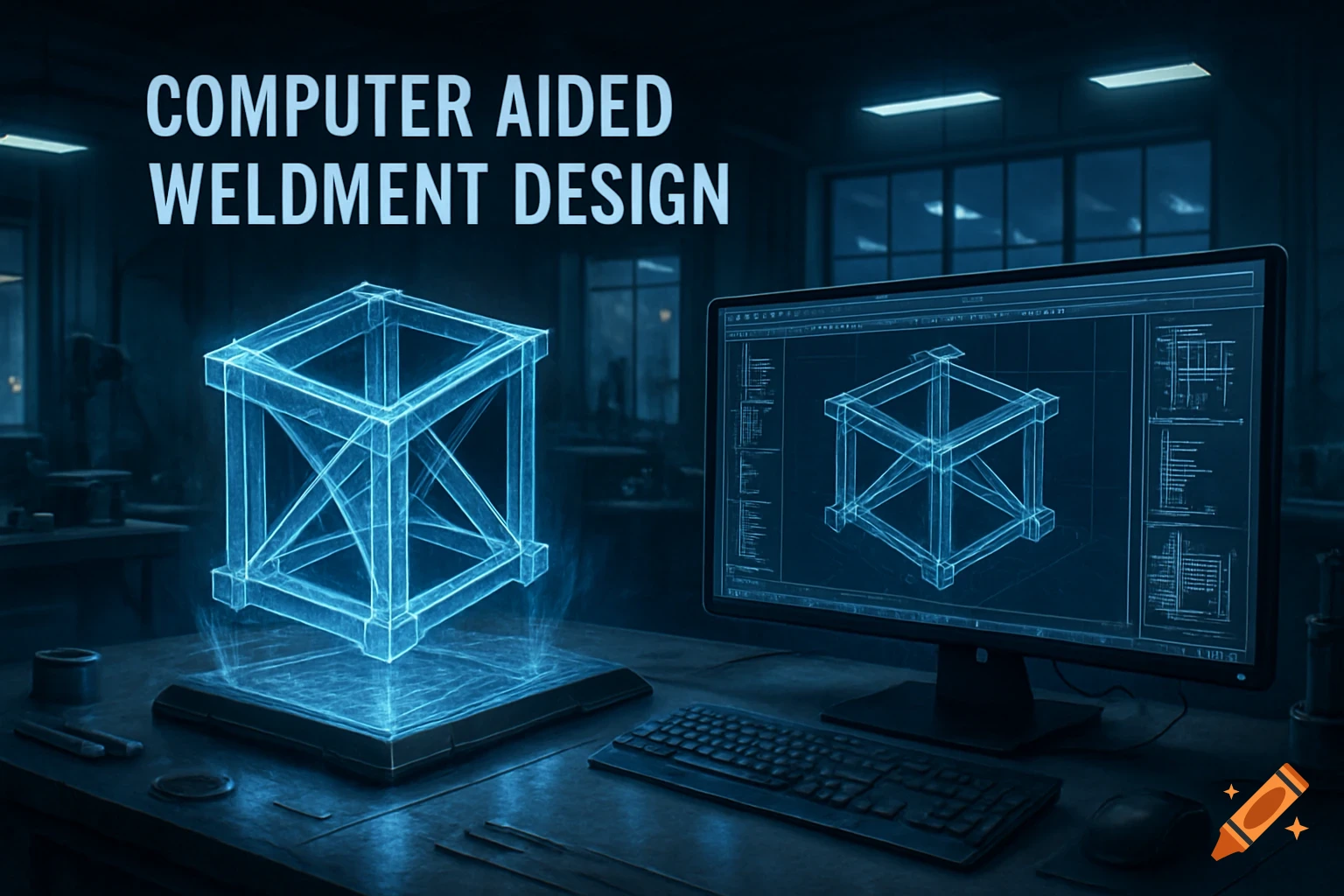 A digital render of a glowing blue holographic 3D weldment design floating above a pad next to a computer displaying the same design. Text reads: COMPUTER AIDED WELDMENT DESIGN.