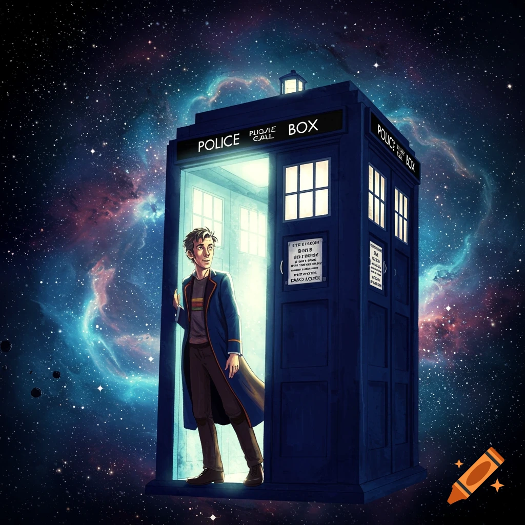 An illustrated character resembling Doctor Who steps out of a blue Police Box into a cosmic starry galaxy with nebulae.