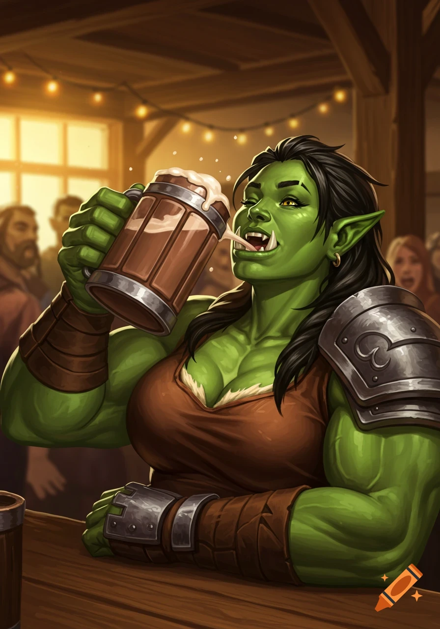 Green-skinned female orc chugging a large mug of frothy beer in a tavern.