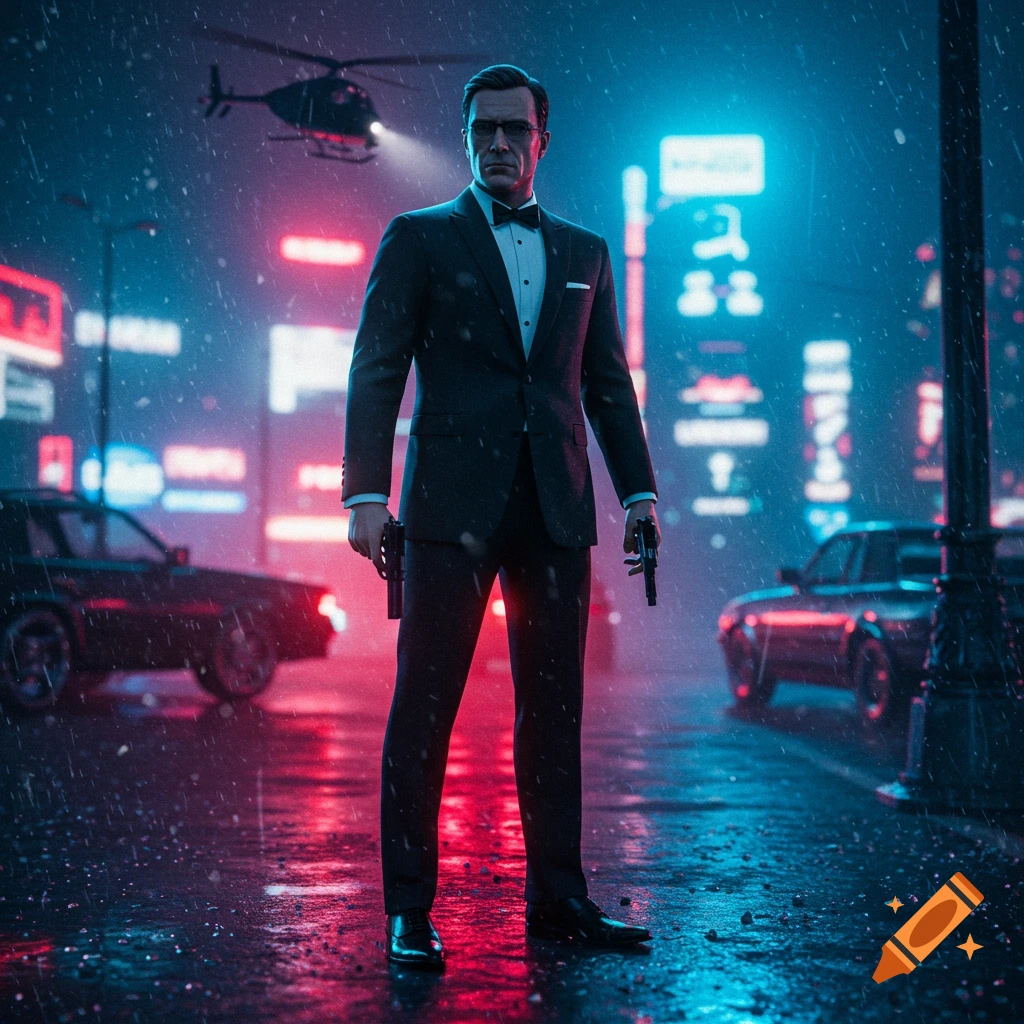 A man in a black tuxedo and glasses stands on a rainy, neon-lit city street at night, holding two pistols. Photorealistic style.