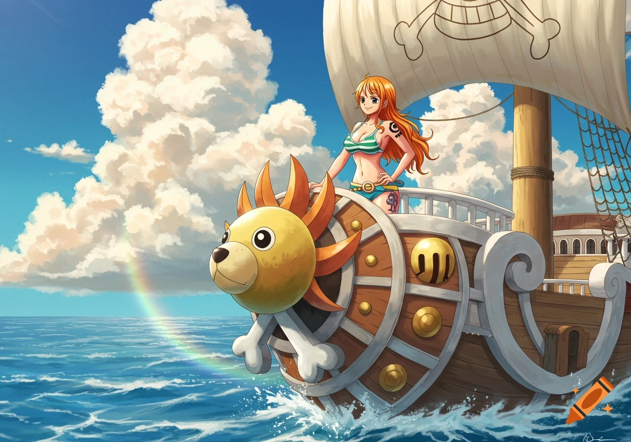 Anime character Nami stands on the bow of a ship with a lion's head figurehead, sailing on a blue ocean under a cloudy sky with a rainbow.