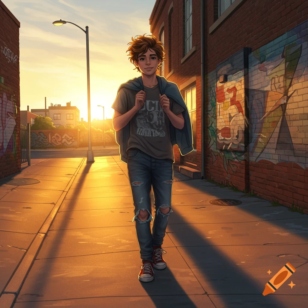 Anime-style teenage boy with messy brown hair and a jacket over his shoulders, walking on a sidewalk at sunset in an urban alley.