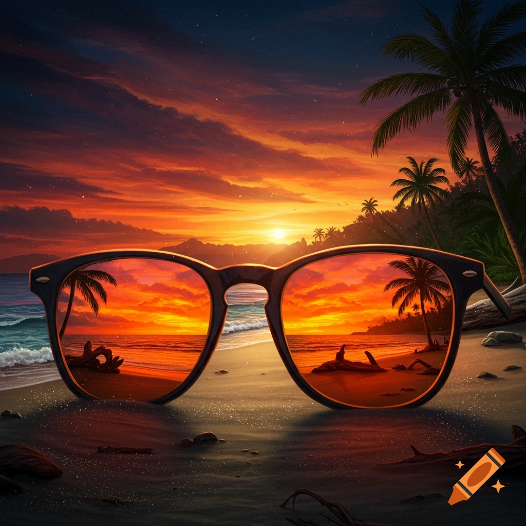 Vibrant sunset on a tropical beach reflected in sunglasses lying on the sand, with palm trees and ocean.