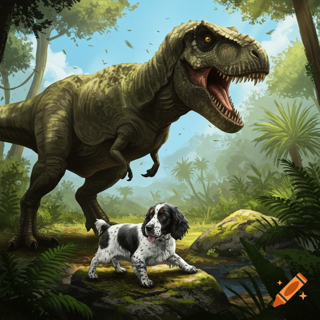 A large T-Rex with an open mouth faces a small black and white Springer Spaniel puppy in a lush prehistoric jungle.