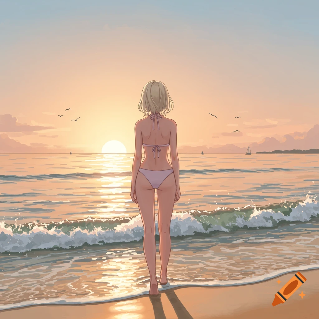 An anime-style young woman in a bikini stands on a beach facing the sunset, with gentle waves and distant sailboats.