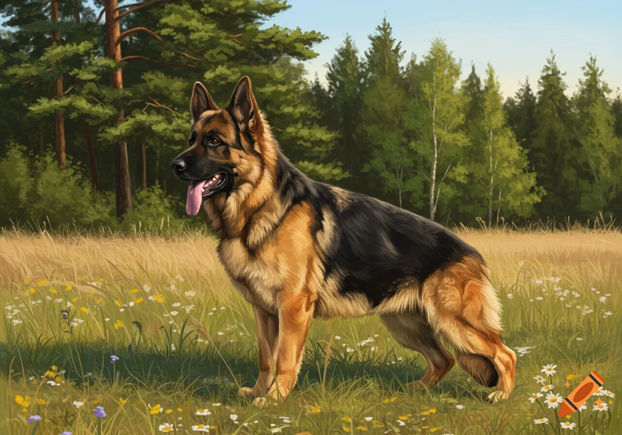 A German Shepherd dog stands in a grassy field with wildflowers and trees under a clear sky, in a digital painting style.