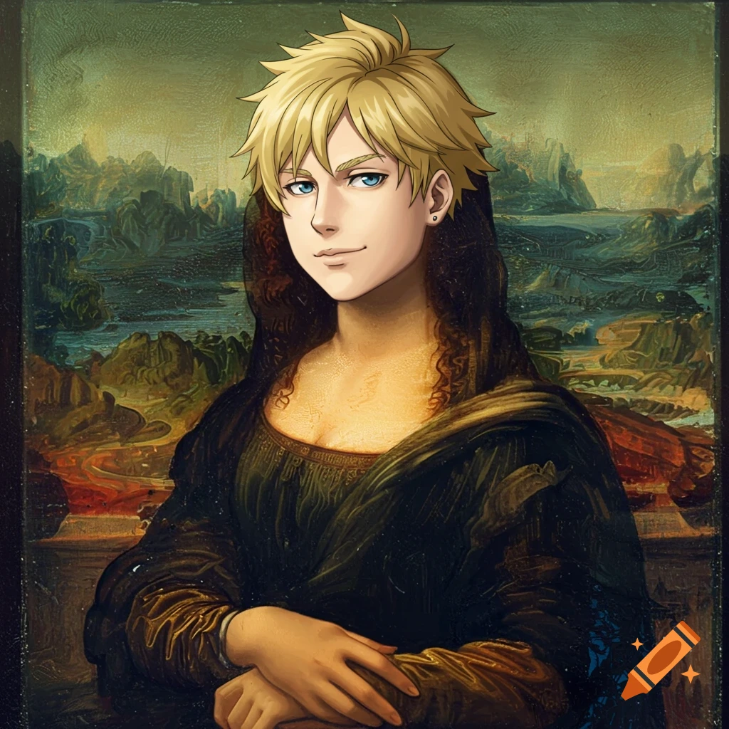 Anime-style male character with spiky blonde hair and blue eyes, depicted as the Mona Lisa, against a painted landscape.