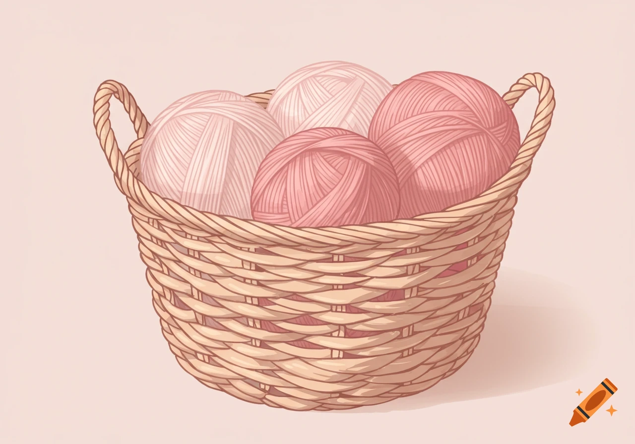 A graphic illustration of a woven basket filled with four matte pink yarn balls.