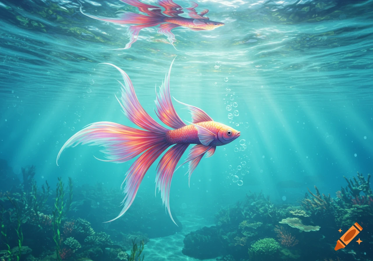 A vibrant, colorful fish with long, flowing fins swims in clear blue underwater with sunlight rays and coral reefs.