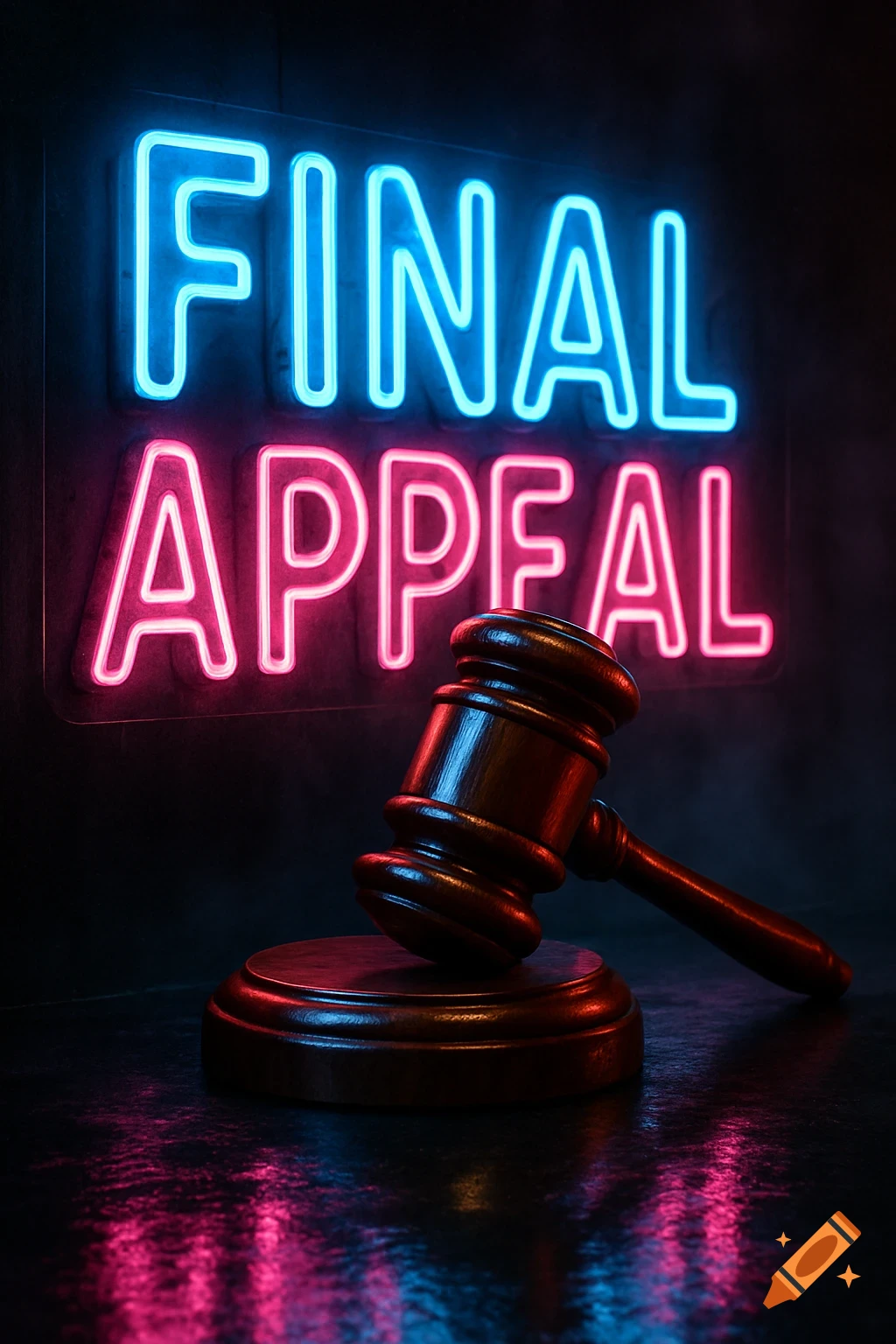 A wooden gavel rests on a stand in front of a blue and pink neon sign that reads FINAL APPEAL in a dark setting.