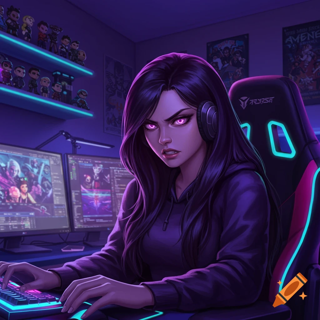 An anime-style girl with long dark purple hair, pink glowing eyes, and a scowl, wearing a hoodie and gaming headset, sits in a neon-lit gaming chair in front of dual monitors, typing on a keyboard.
