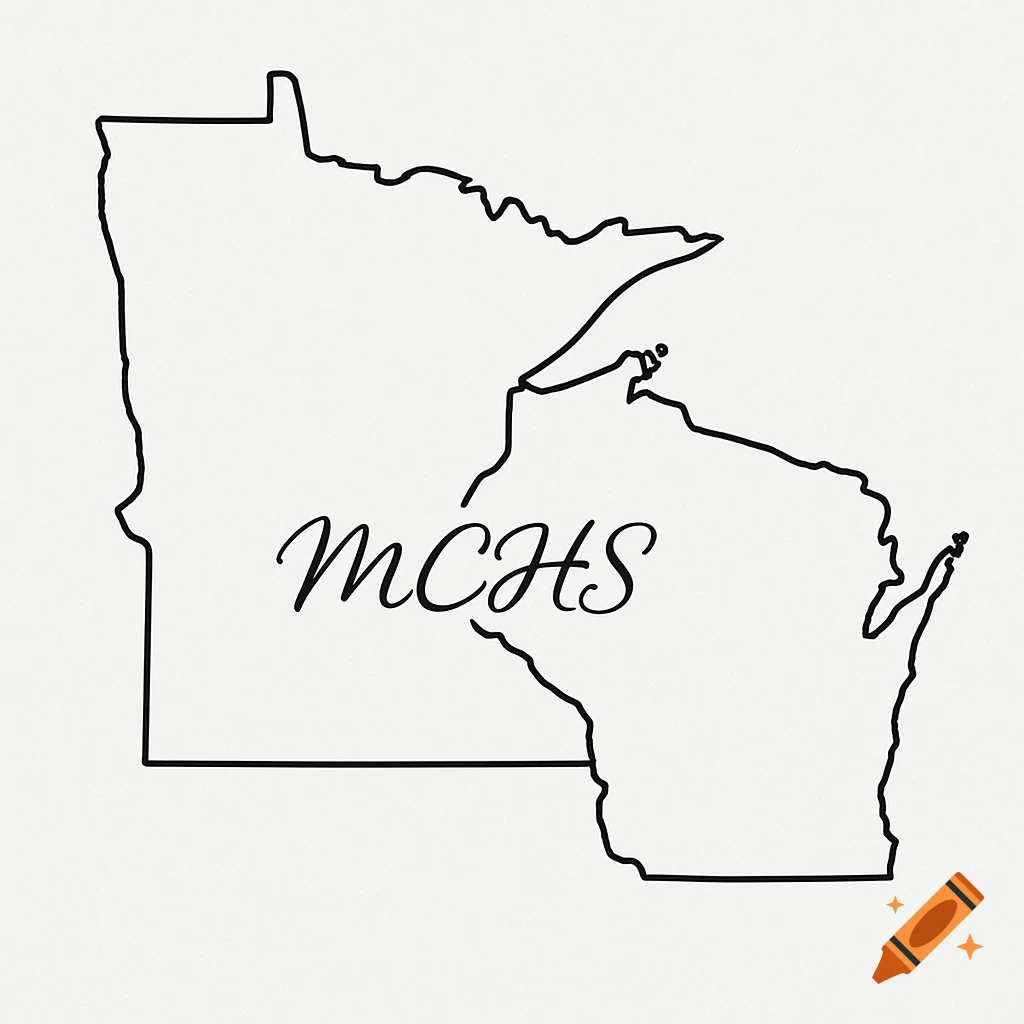 Black outline map of Minnesota and Wisconsin with cursive 'MCHS' on their shared border.