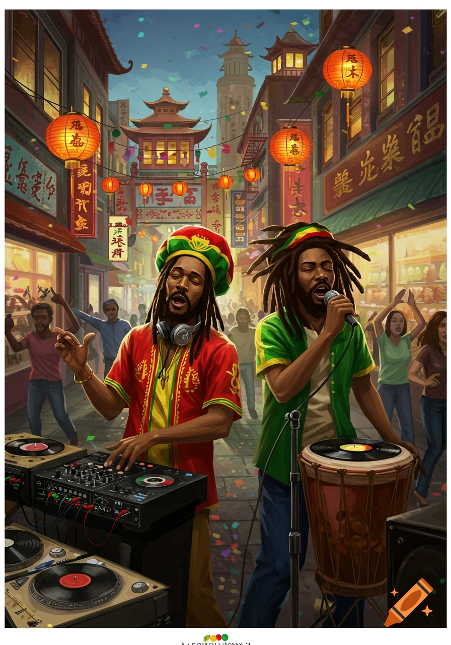 A reggae DJ and singer perform on turntables and drums in a vibrant, lantern-lit Chinatown street with people dancing.