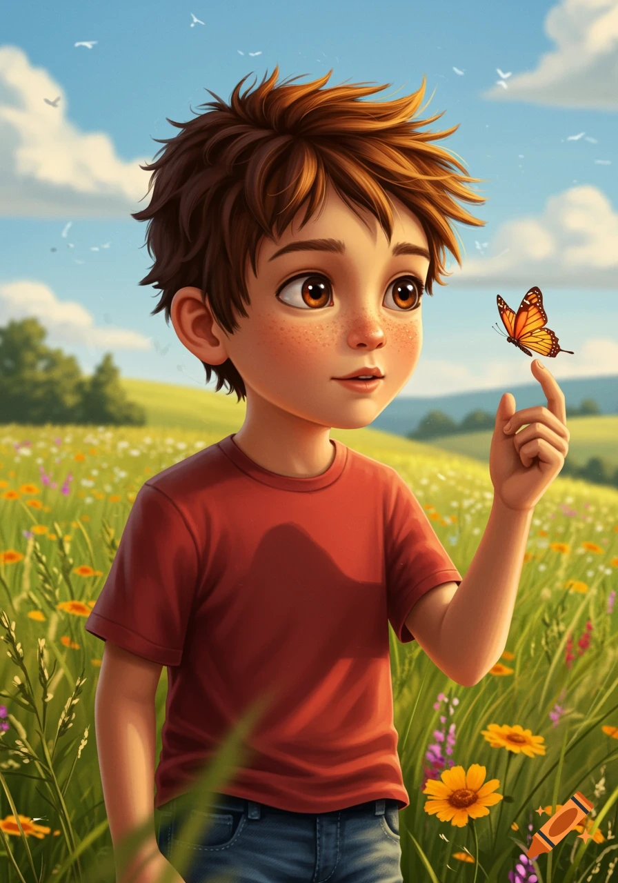 A cartoon boy with brown hair and freckles watches a butterfly on his finger in a field of wildflowers under a blue sky.
