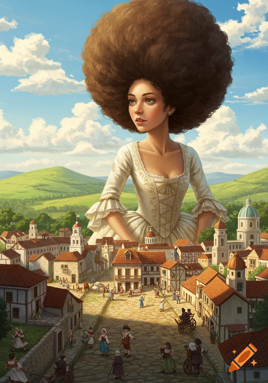 An illustration of a giant woman with a massive afro standing over a bustling historical European town under a blue sky.