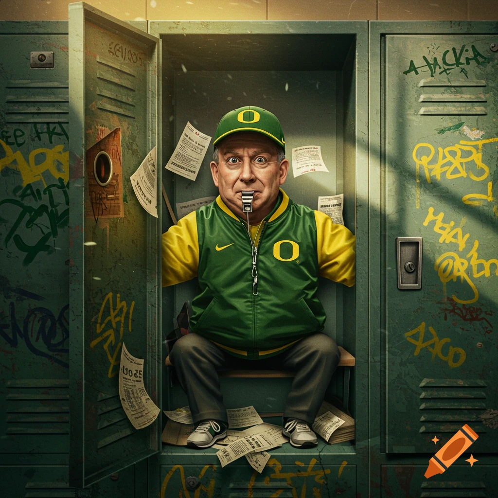 A cartoonish coach in Oregon Ducks attire is comically crammed inside a grungy green school locker with papers and graffiti.