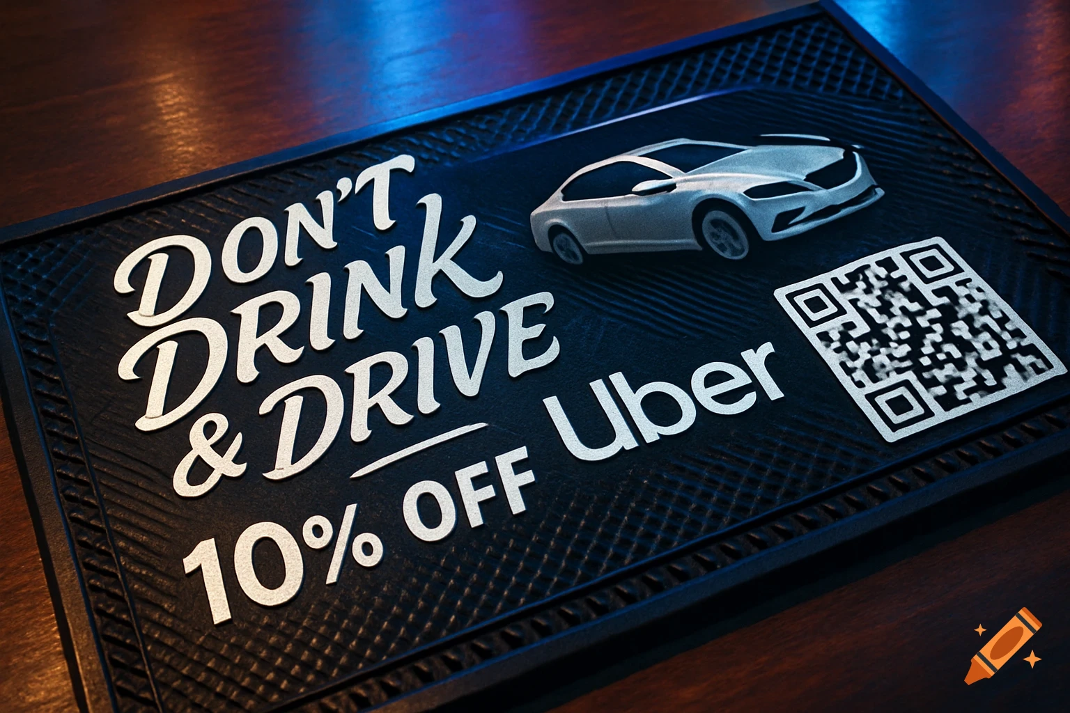 A photorealistic black rubber bar mat with white text 'DON'T DRINK & DRIVE - 10% OFF Uber', a white car, and a QR code.