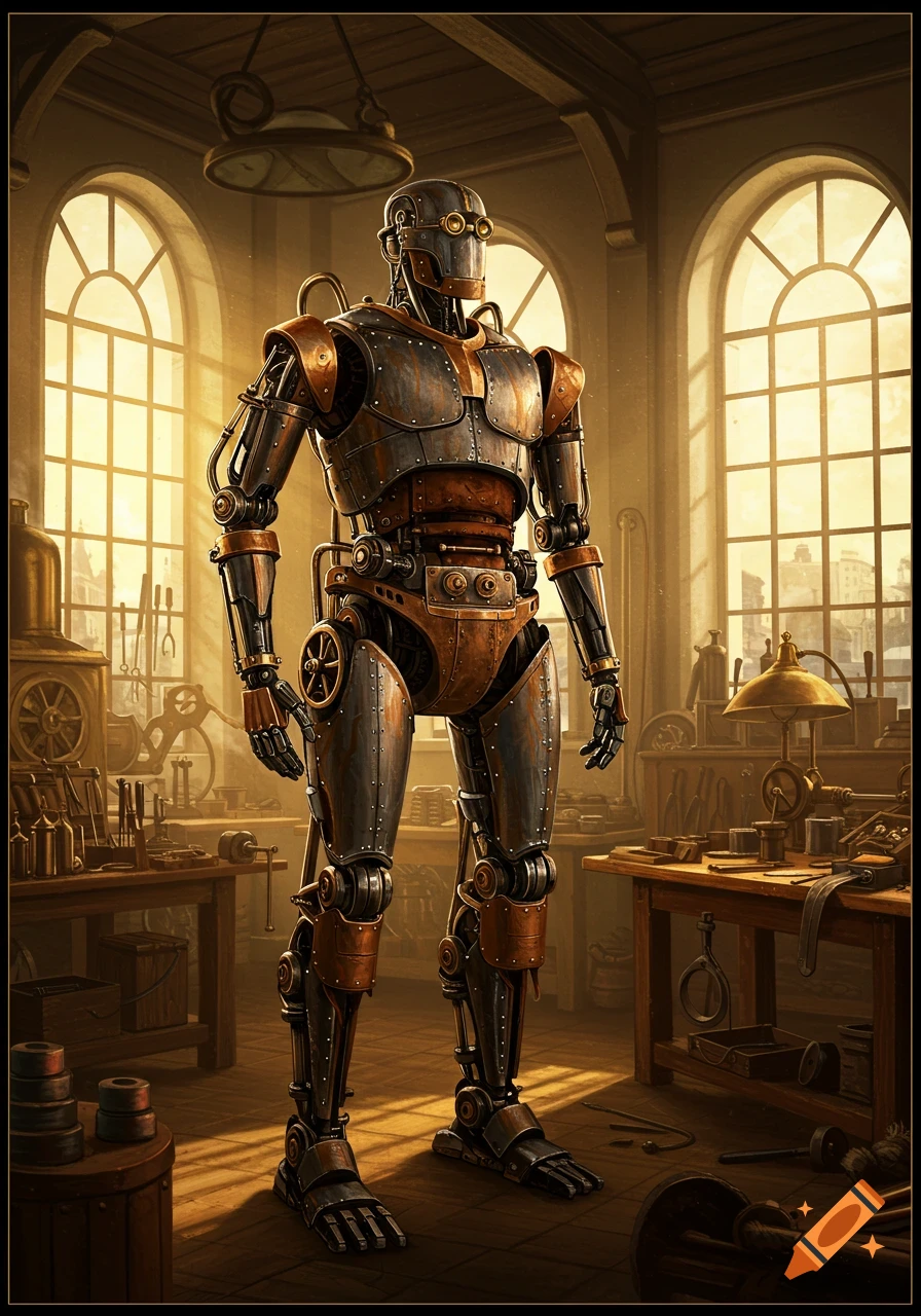 A detailed steampunk robot stands in a well-lit workshop with large windows and tools on tables.