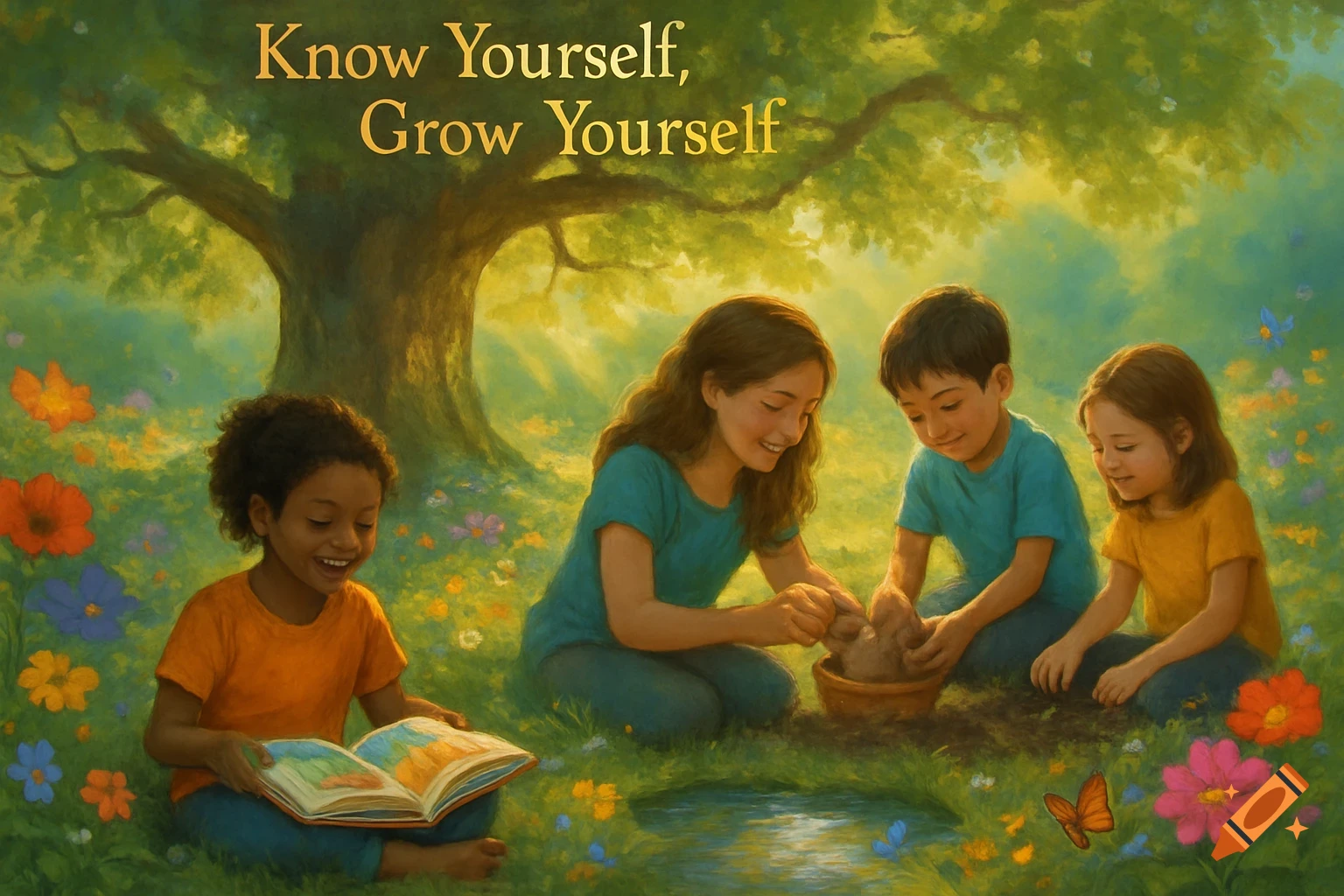 Four diverse children engage in activities in a sunny, flower-filled field under a tree, with text "Know Yourself, Grow Yourself" above, in an illustration style.