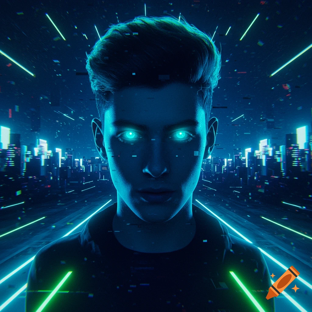 A cybernetic portrait of a young person with glowing blue eyes, set against a futuristic city with neon lights and digital effects.