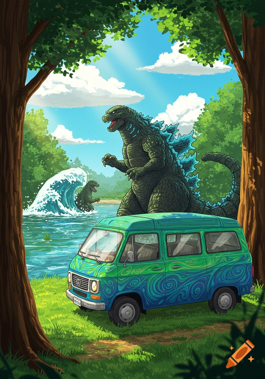 A large green Godzilla stands by a lake, looking at a green van with blue swirling designs parked in the grass. Another smaller Godzilla is in the water, causing a wave. Trees frame the scene under a blue sky.