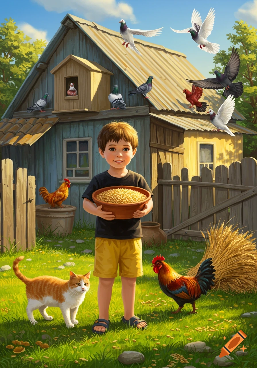 A smiling boy holds a bowl of wheat in a sunny farmyard with pigeons, roosters, and a cat near a wooden house.