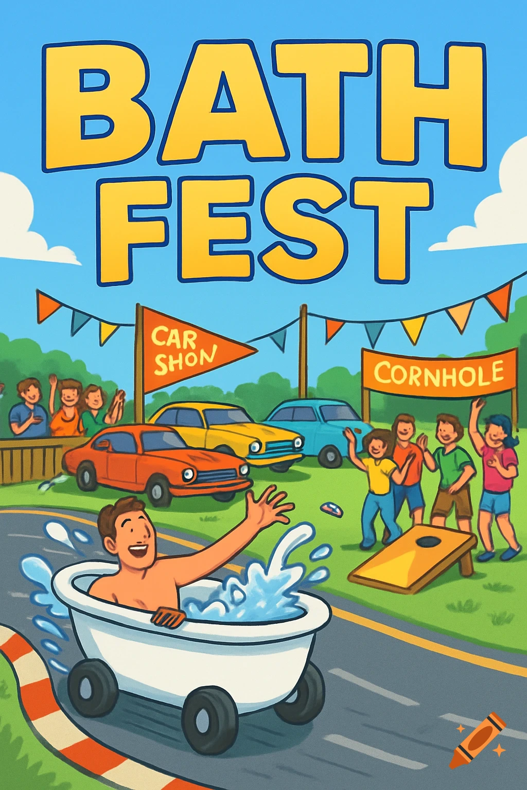 A vibrant cartoon image of the Bath Fest, showing a man racing in a bathtub on wheels, a classic car show, and people playing cornhole.