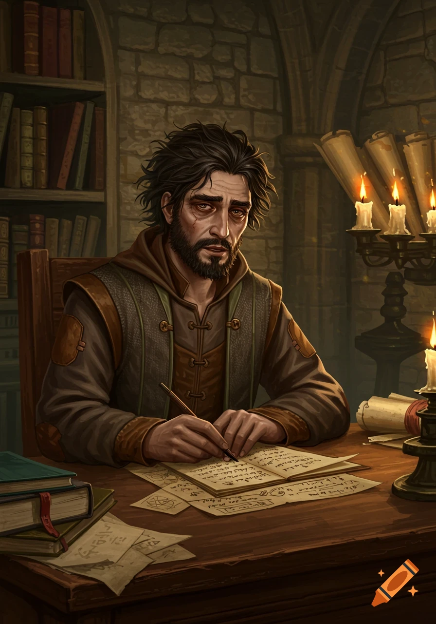 A fantasy portrait of a tired, bearded scholar with wild hair, writing at a wooden desk with books and candles in a stone-walled study.