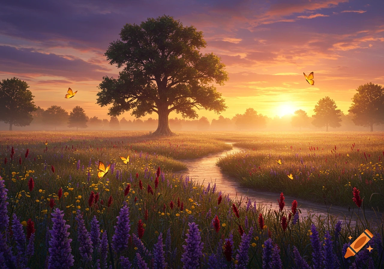 A vibrant sunset over a field of purple and red wildflowers, with a winding stream, a large tree, and butterflies.