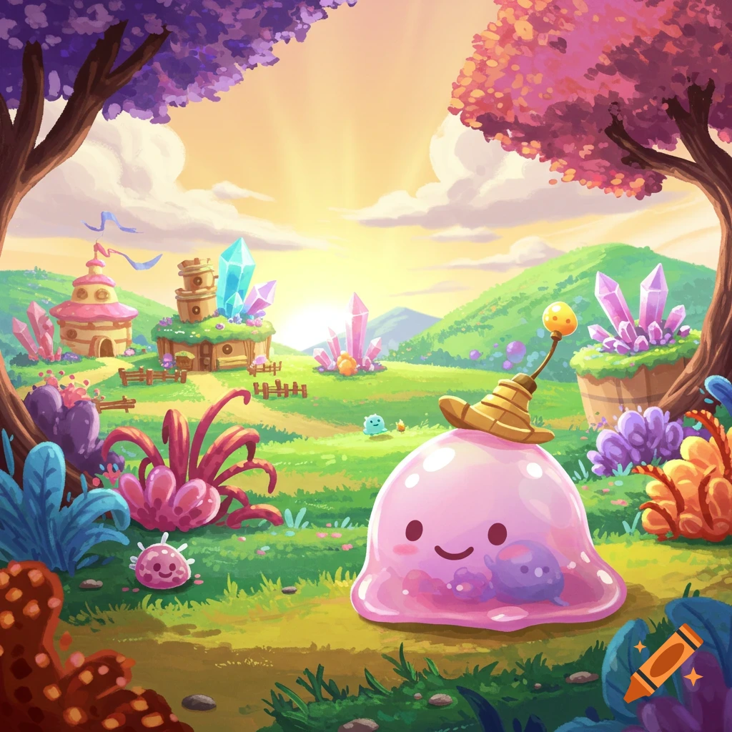A friendly pink slime wearing a small hat sits in a vibrant, cartoon fantasy landscape with buildings, crystals, and other slimes.