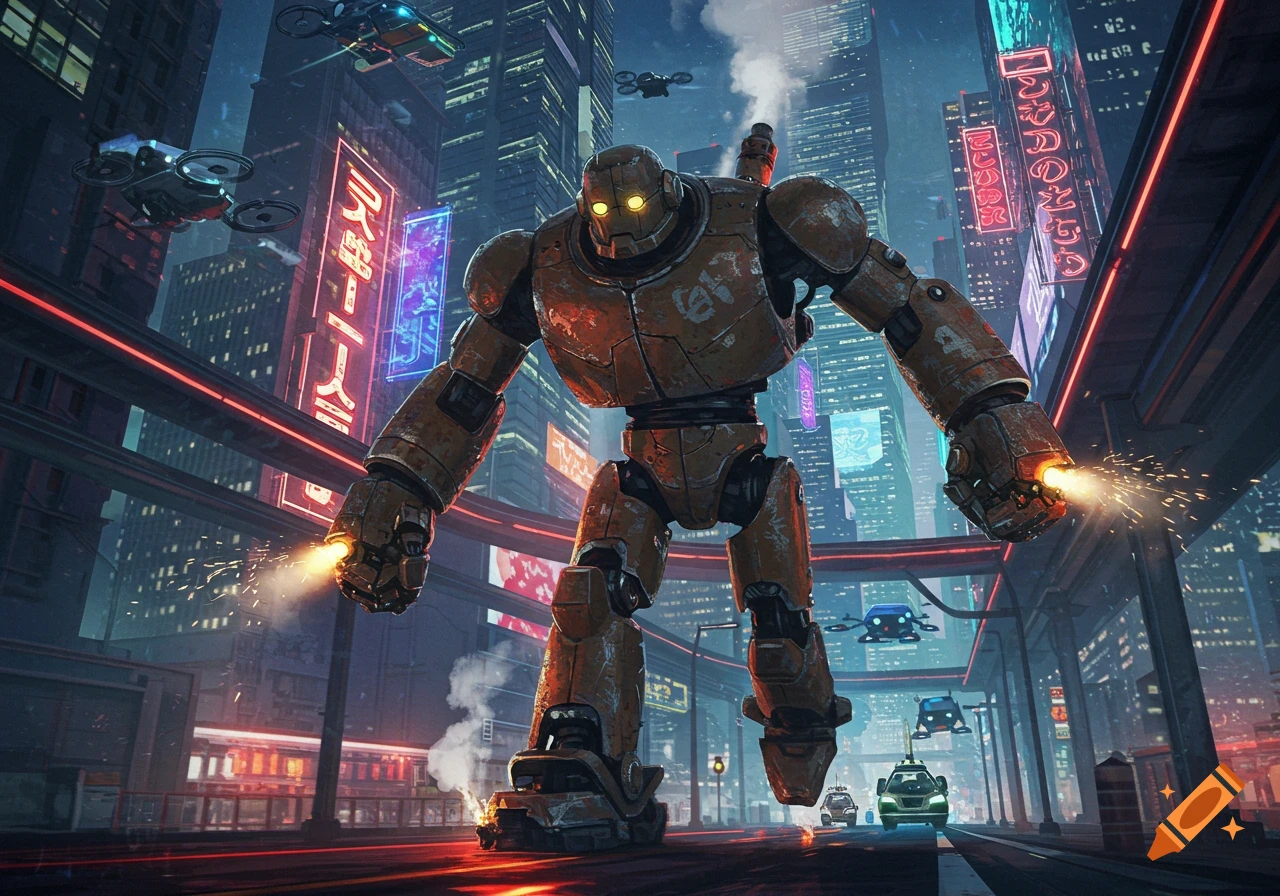 A massive robot with glowing eyes stands in a futuristic cyberpunk city with neon signs, sparks flying from its hands.