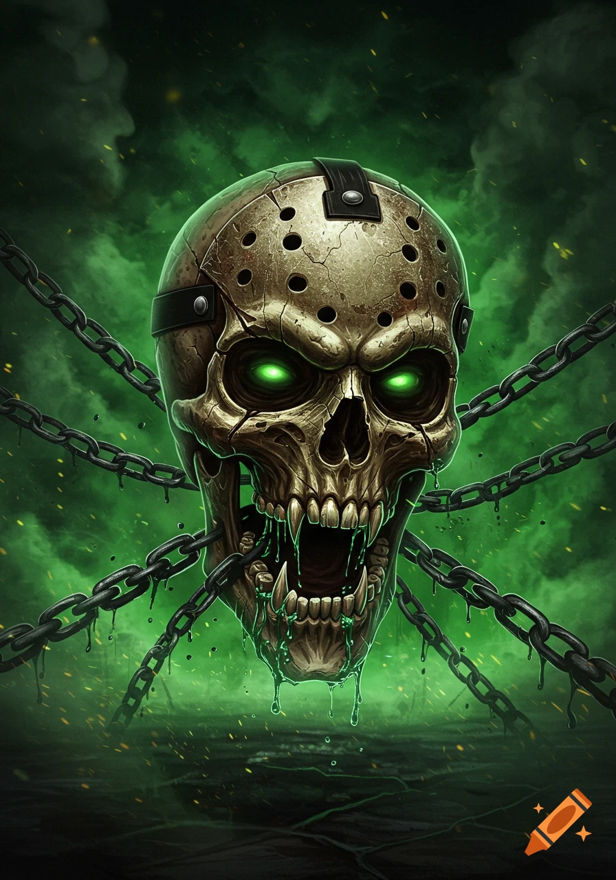 A menacing skull wearing a distressed hockey mask with glowing green eyes and sharp fangs, dripping green venom, entangled by dark chains against a smoky green background.