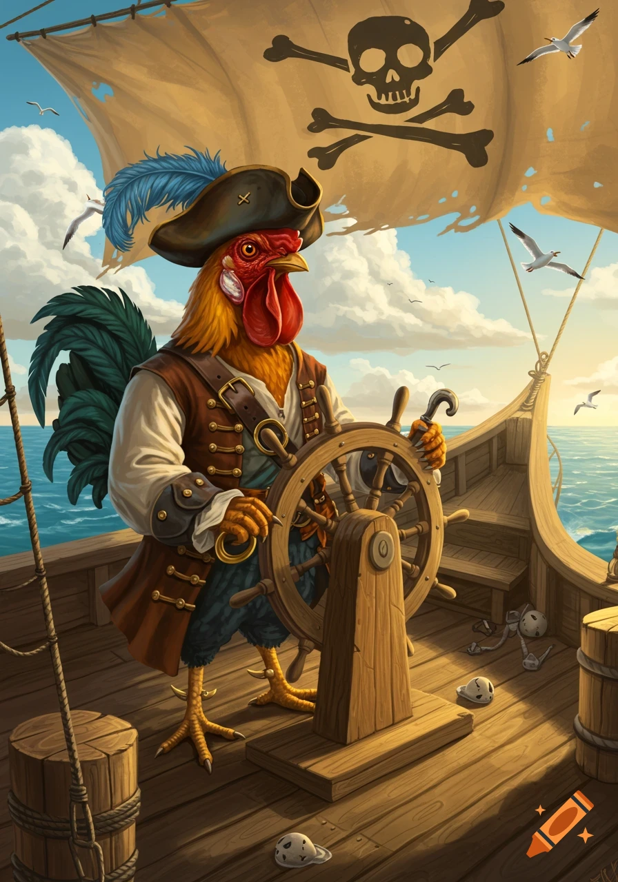 An anthropomorphic rooster pirate in a tricorn hat and pirate attire steers a ship's wheel under a skull and crossbones flag.