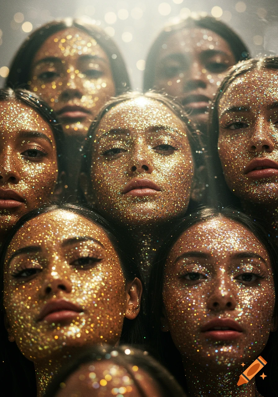 Close-up of multiple female faces covered in sparkling golden glitter, in a soft, bright light.