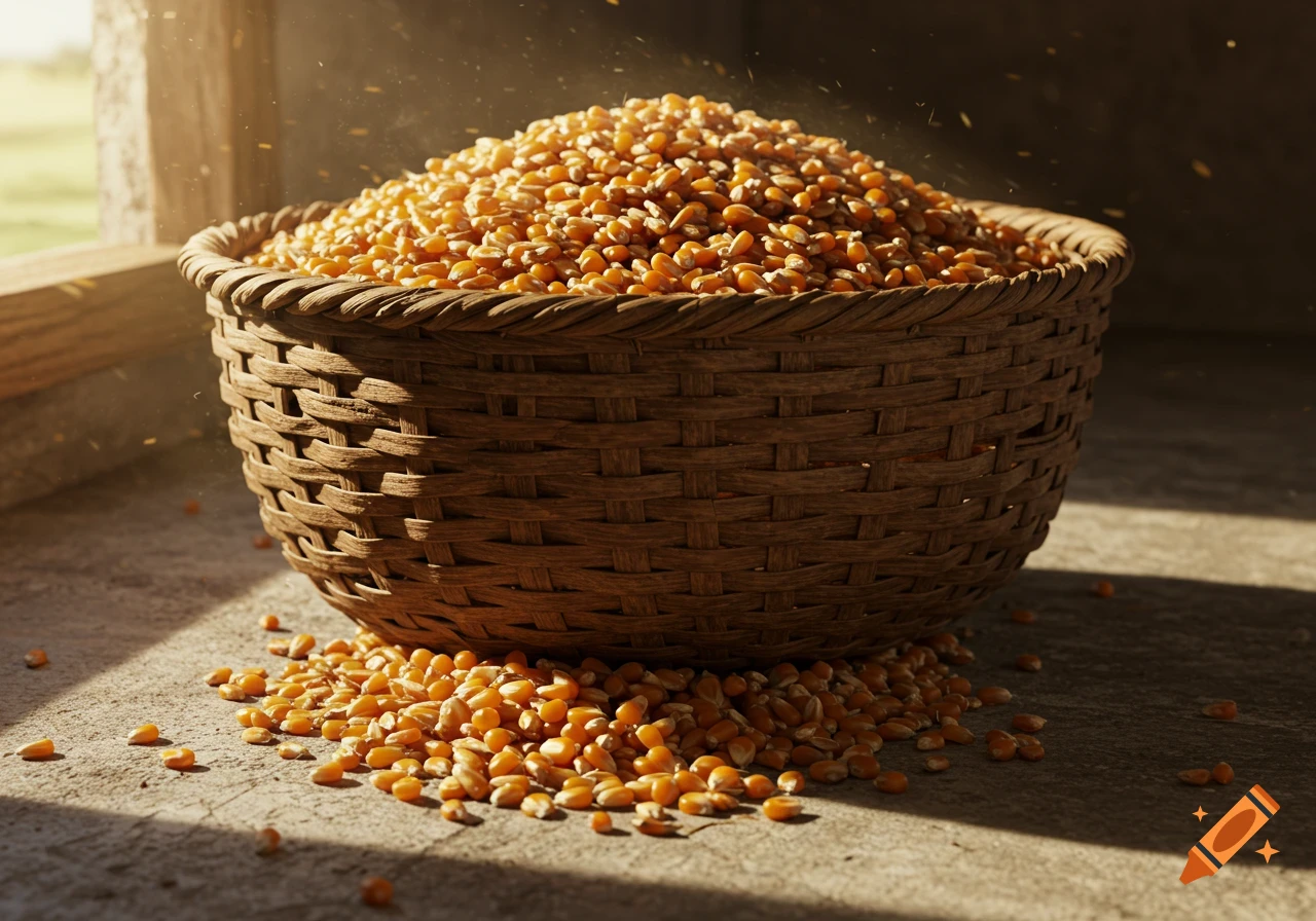 A large wicker basket filled with dried corn kernels sits on a sunlit cement floor, with kernels spilled out.