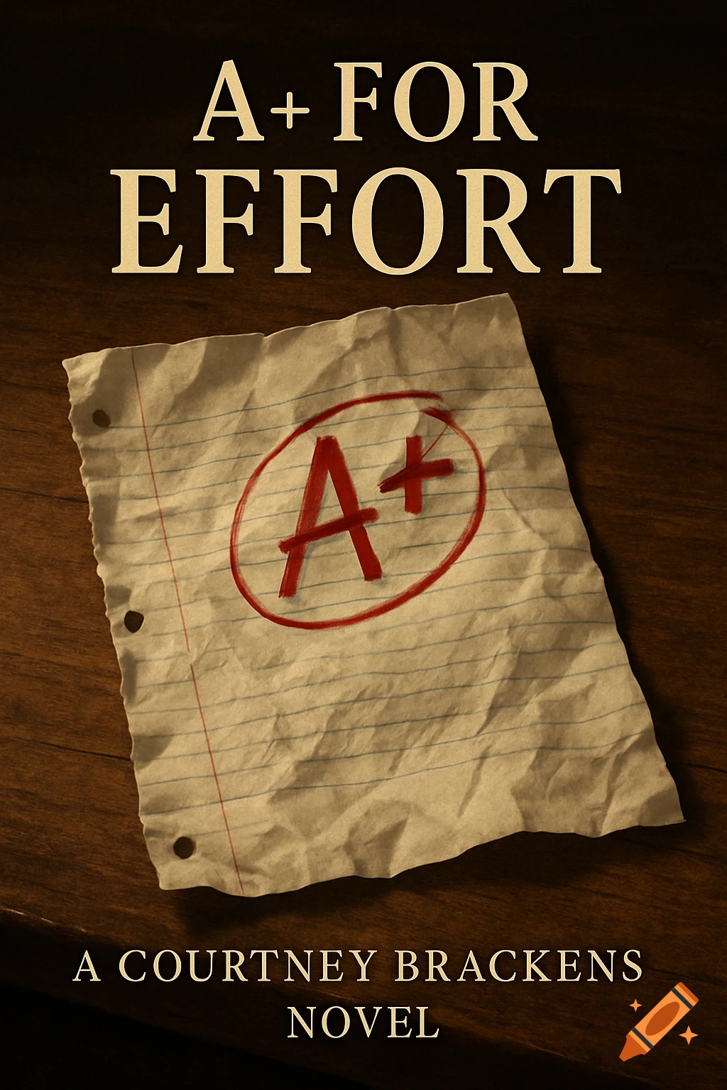 Book cover 'A+ FOR EFFORT' showing a crumpled paper with an A+ grade on a wooden desk. Subtitle 'A Courtney Brackens Novel'.