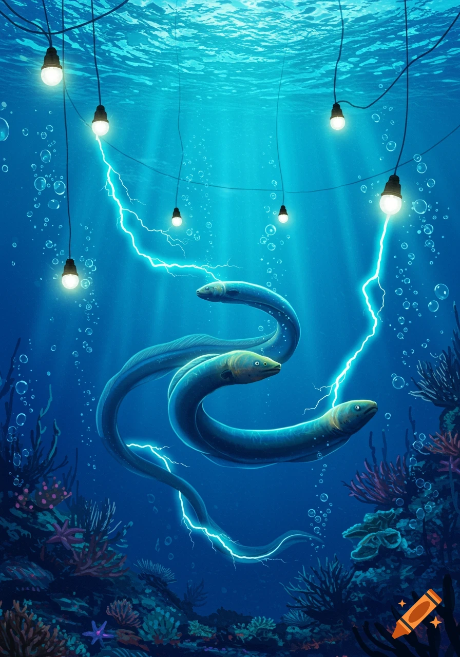Three electric eels emit bright lightning to power hanging light bulbs in a vibrant blue underwater scene with coral.