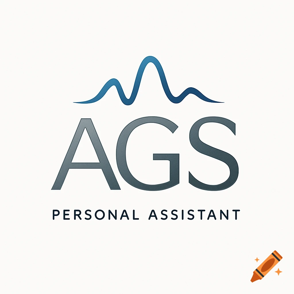 Minimalist logo with 'AGS' in gray, a blue waveform above, and 'PERSONAL ASSISTANT' below on a white background.