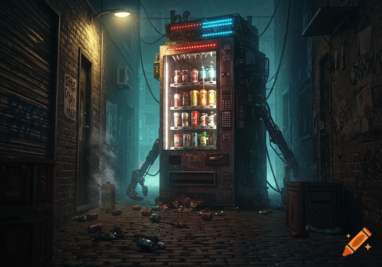 A monstrous, rusted vending machine with glowing lights and mechanical arms stands in a dark, grimy alley filled with trash and graffiti.