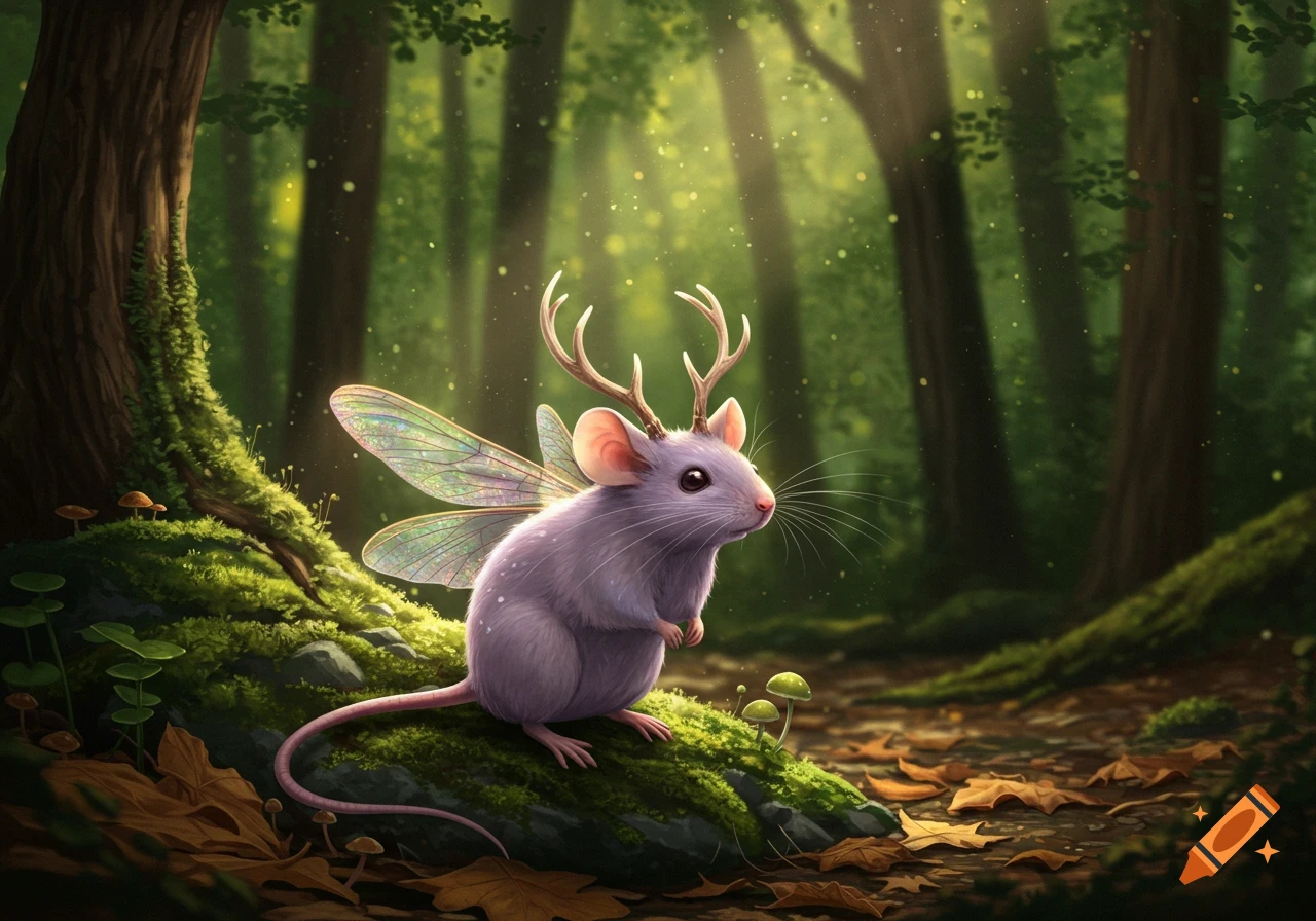 A light purple mouse with small antlers and iridescent fairy wings sits on a mossy log in a magical, sunlit forest.