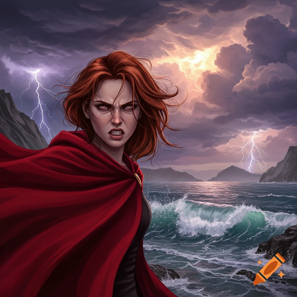 A red-haired woman in a red cloak with an angry expression and glowing red eyes stands by a stormy sea with lightning.