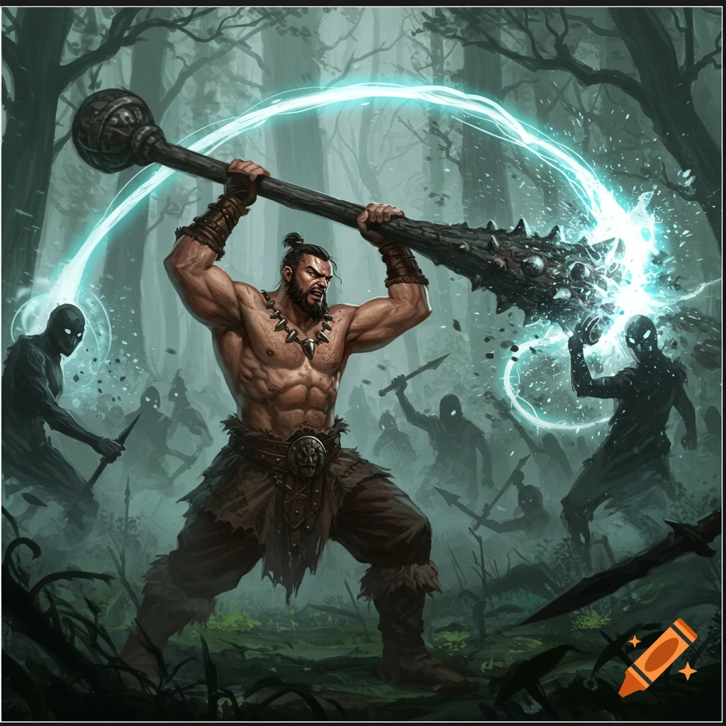 A muscular warrior with a glowing club fights shadowy figures in a dark, misty forest.