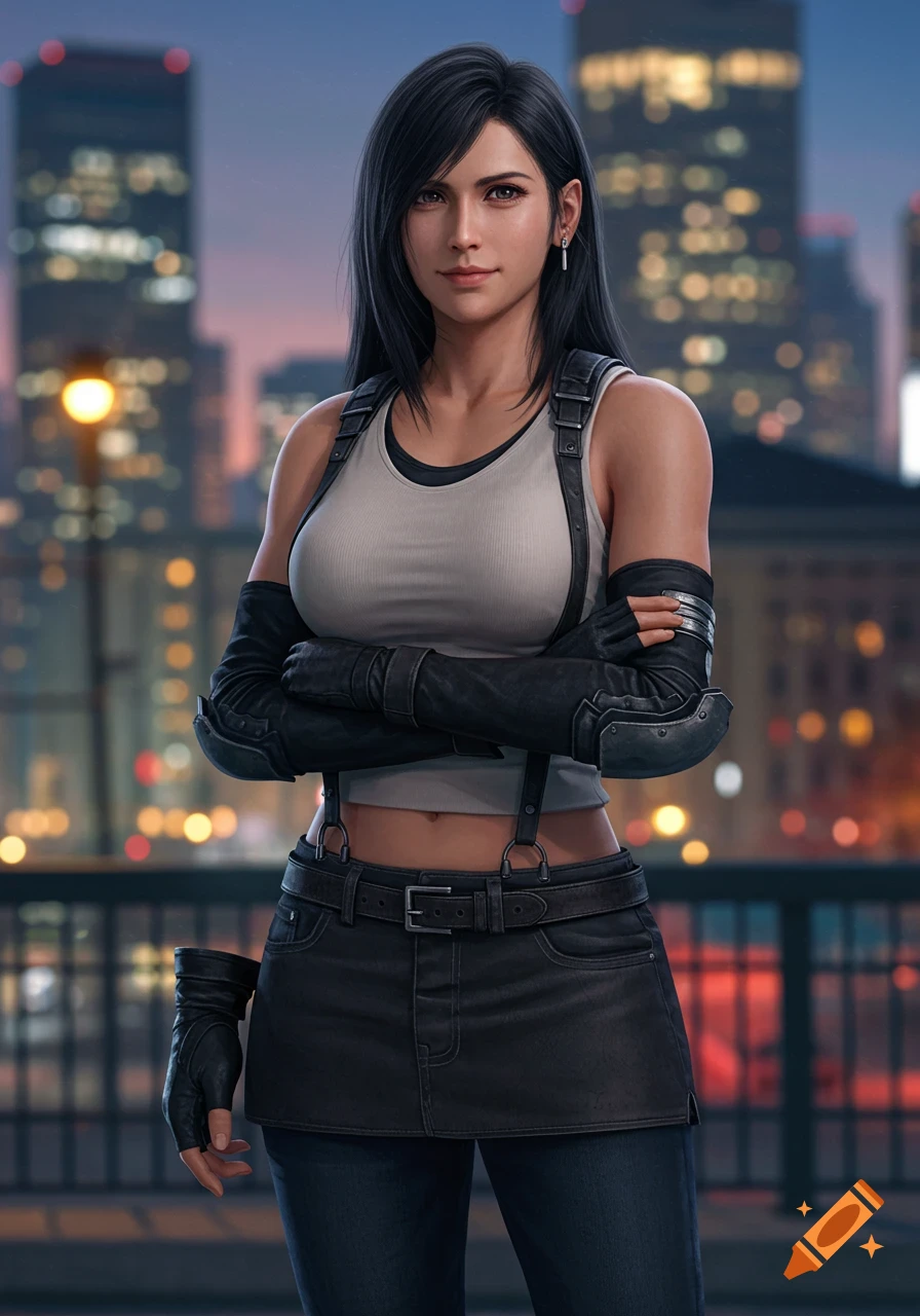 Photorealistic digital art of Tifa Lockhart, a female character, standing with crossed arms against a blurry city skyline at dusk.